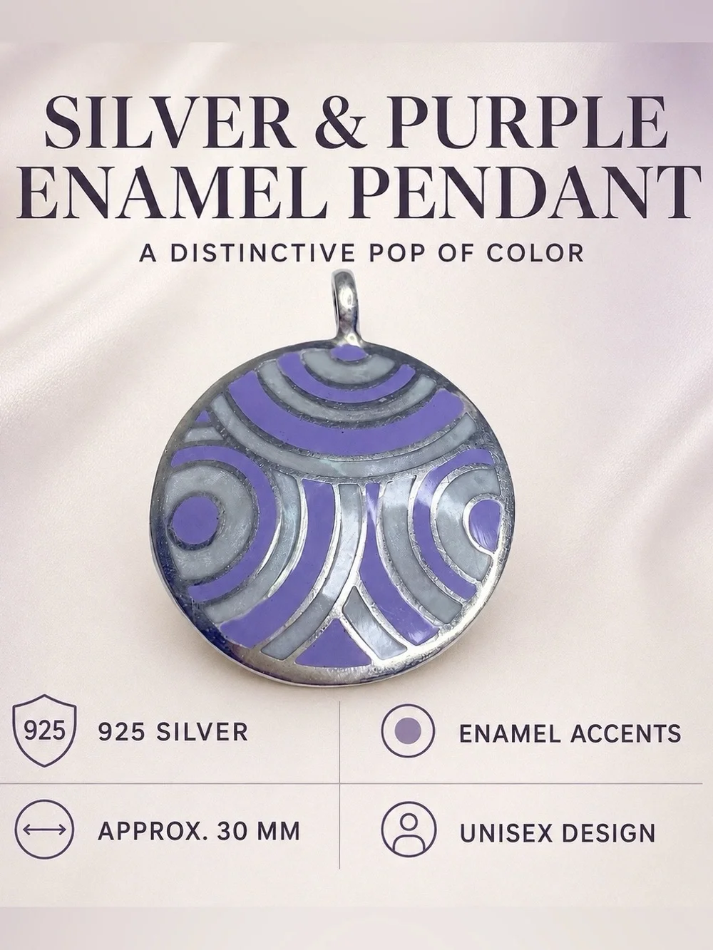 925 Silver Purple Enamel Round Pendant Unisex Statement Jewelry